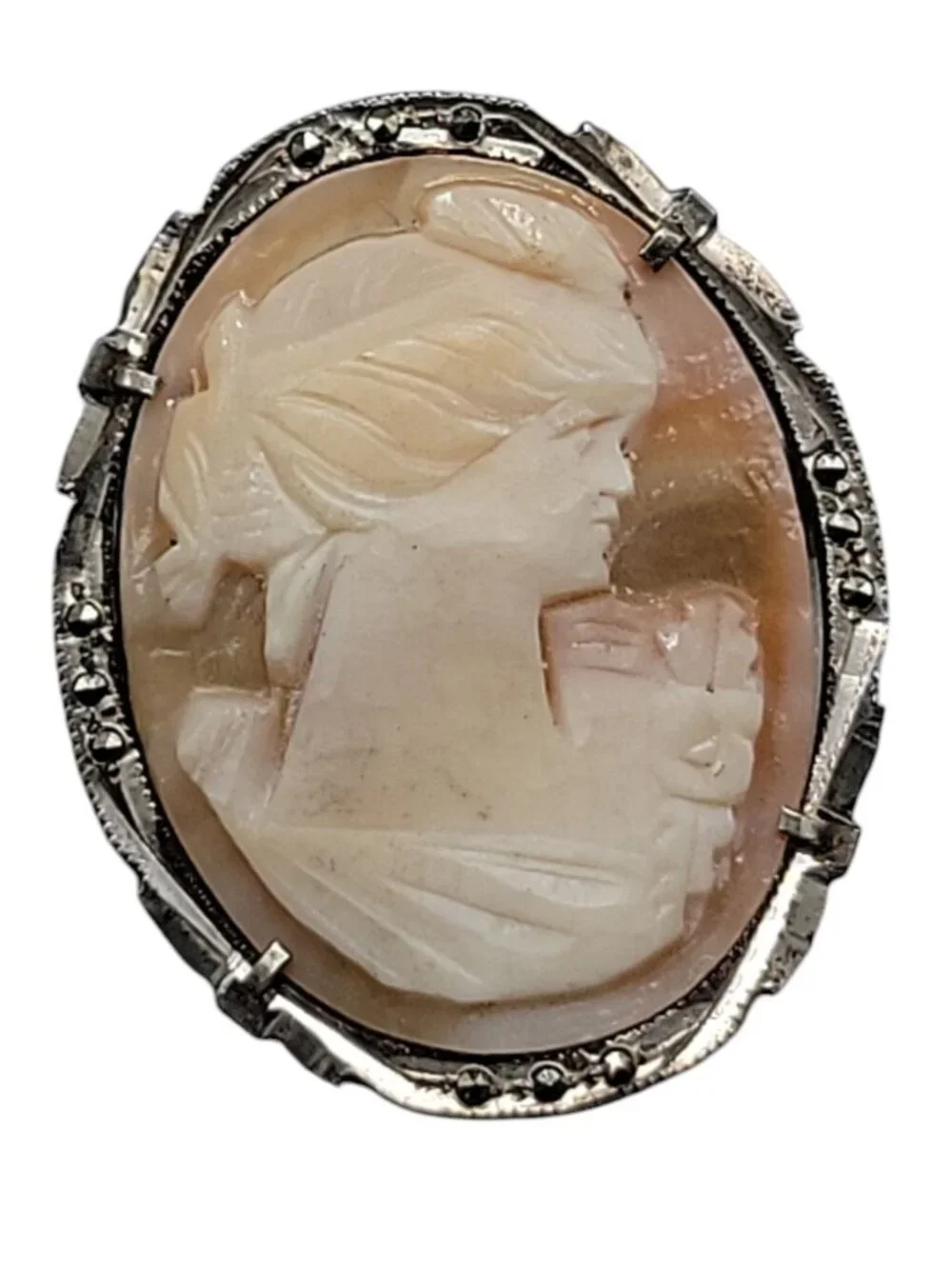 Antique 800 Silver Shell Cameo Brooch Italian Marcasite Studded Thin Delicate - Picture 2 of 12